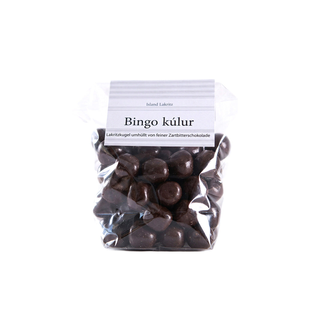 Goa Bingo Kúlur: Feste Lakritzkugel in feiner Zartbitterschokolade